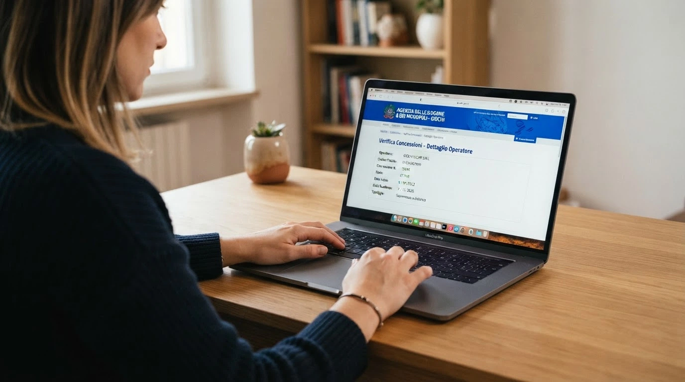 Primo piano dello schermo di un computer che mostra il registro ufficiale dei concessionari ADM sul sito adm.gov.it, con l'elenco delle concessioni attive