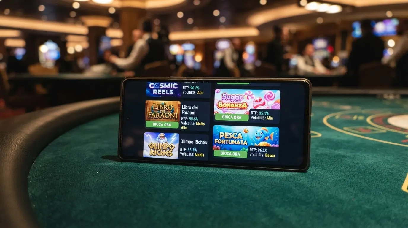 Cinque schermate di slot machine popolari affiancate su display Android, ciascuna con il rispettivo pannello informativo RTP visibile nell'interfaccia di gioco