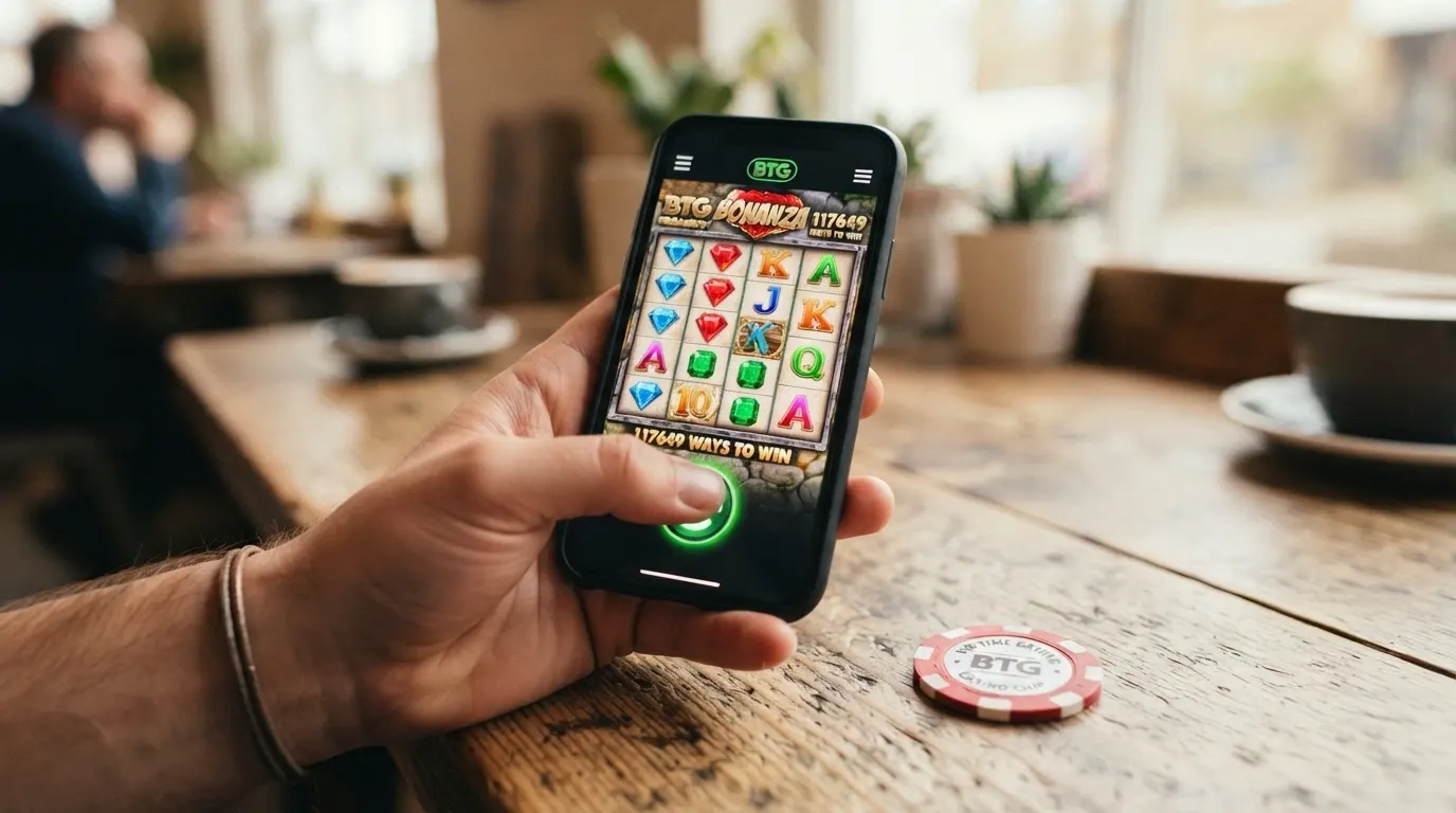 Una slot Big Time Gaming in esecuzione sullo schermo di uno smartphone tenuto in mano in orientamento verticale, con l'interfaccia touch attiva