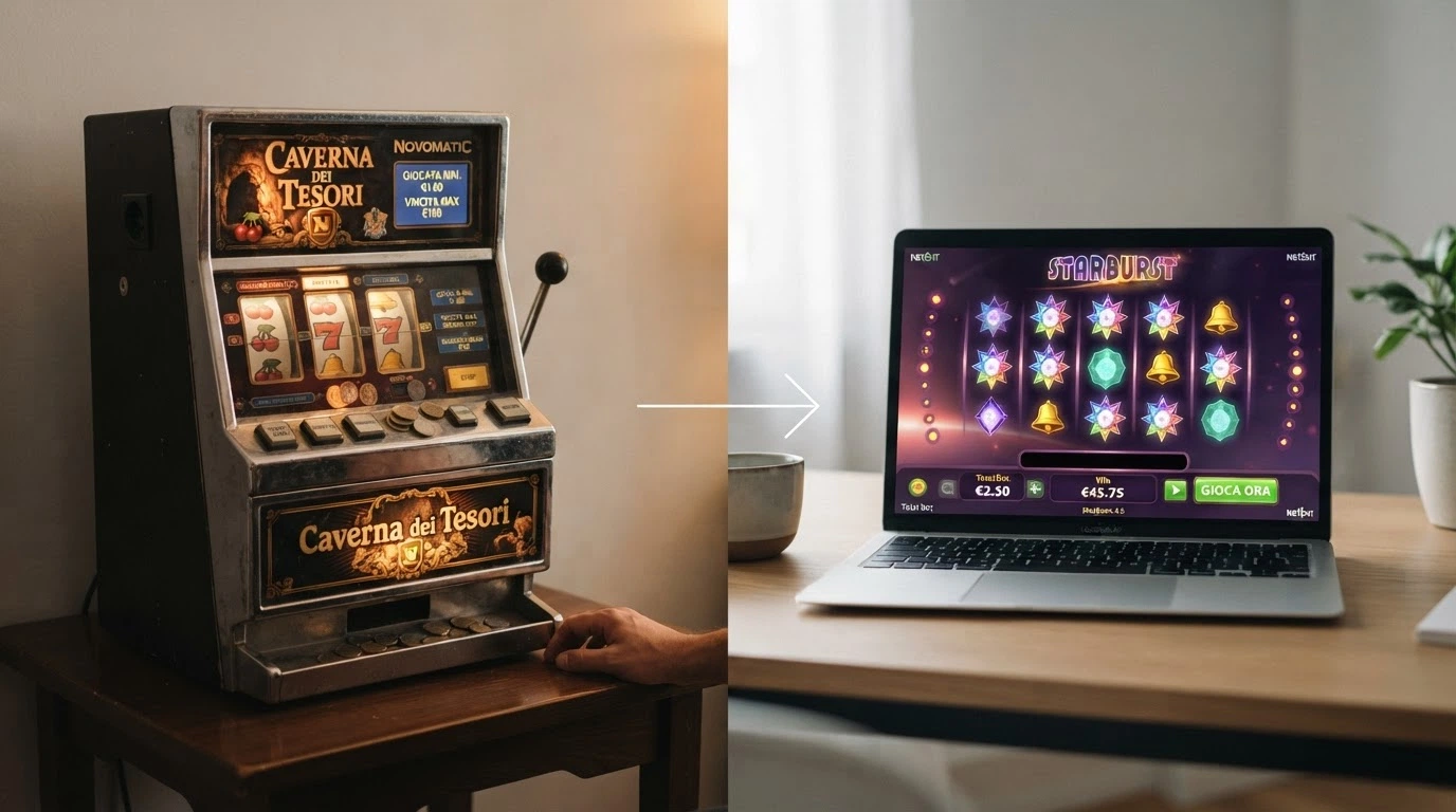 Una slot machine fisica da bar (AWP) a sinistra e un'interfaccia di slot online su schermo a destra, con una freccia che indica la differenza di RTP