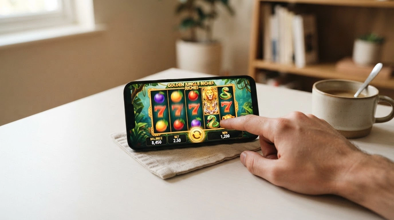 L'interfaccia di una slot in modalità demo con il contatore dei crediti virtuali, i pulsanti di puntata e la griglia dei rulli