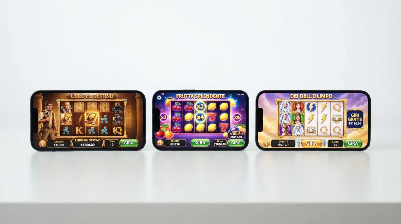 Tre schermate affiancate di slot machine popolari in versione demo: rulli, simboli e pulsante «gioca gratis» su sfondo bianco