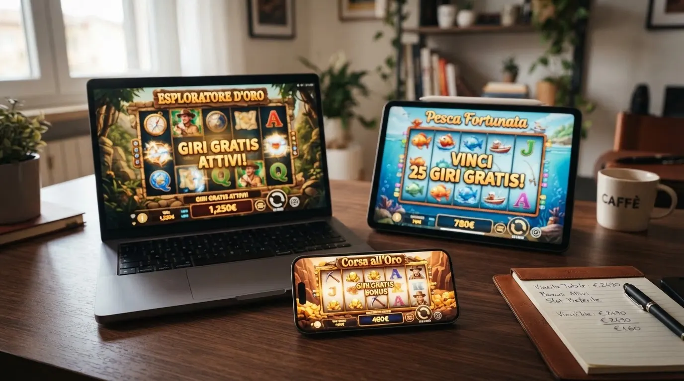 Tre schermate affiancate delle slot machine Book of Dead, Big Bass Bonanza e Bonanza Megaways con i rulli in movimento e l'indicatore dei giri gratis attivo