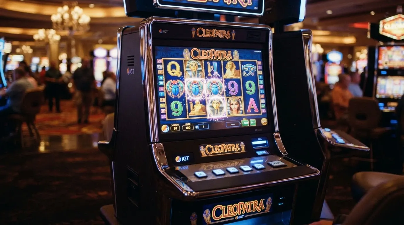 Schermata di gioco della slot Cleopatra di IGT con i rulli in primo piano e simboli egizi