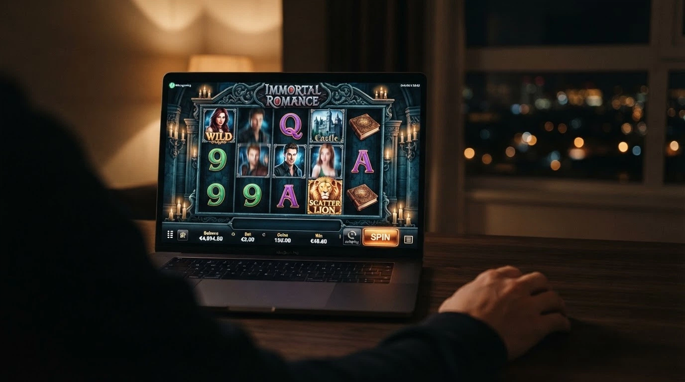 Schermata della slot Immortal Romance di Microgaming con i rulli, i simboli dei personaggi e l'interfaccia di puntata