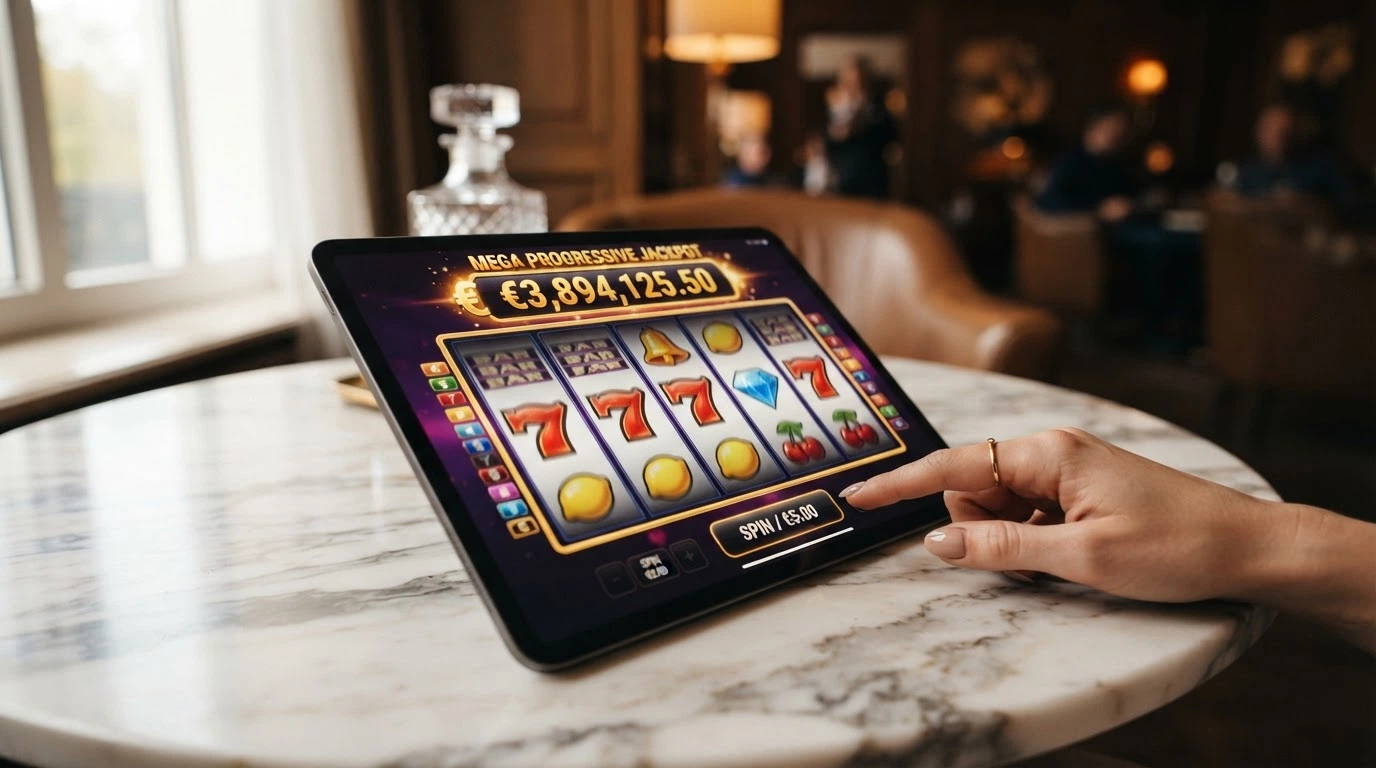Rulli di una slot machine online con simboli jackpot allineati e l'indicatore del montepremi progressivo in crescita sopra la griglia di gioco