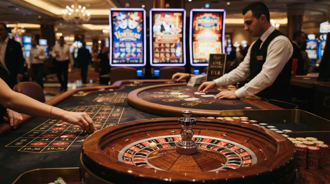 Griglia di miniature di slot machine, un tavolo di blackjack con croupier dal vivo e la ruota della roulette