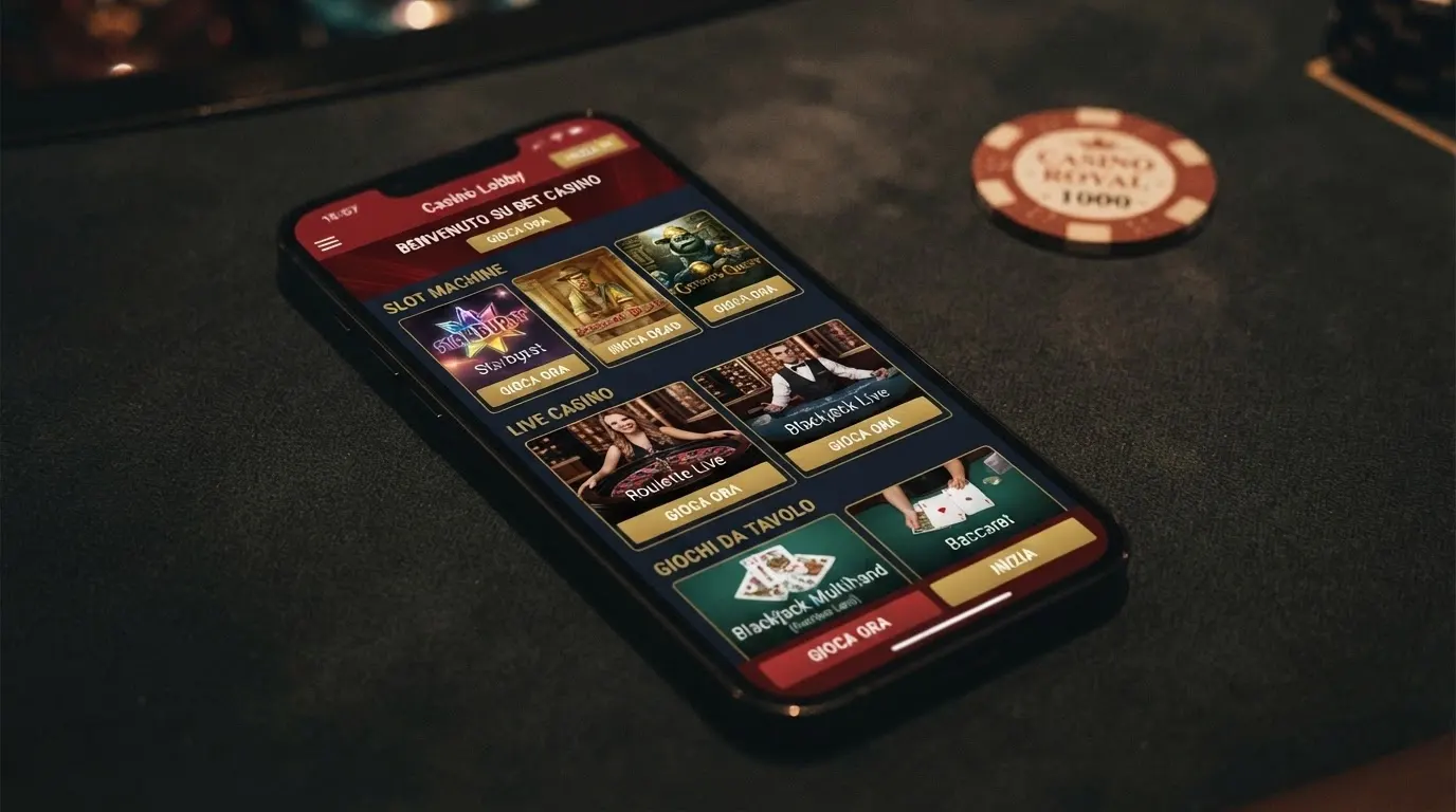 Lobby di un casino online con sezioni slot machine, giochi da tavolo e live dealer