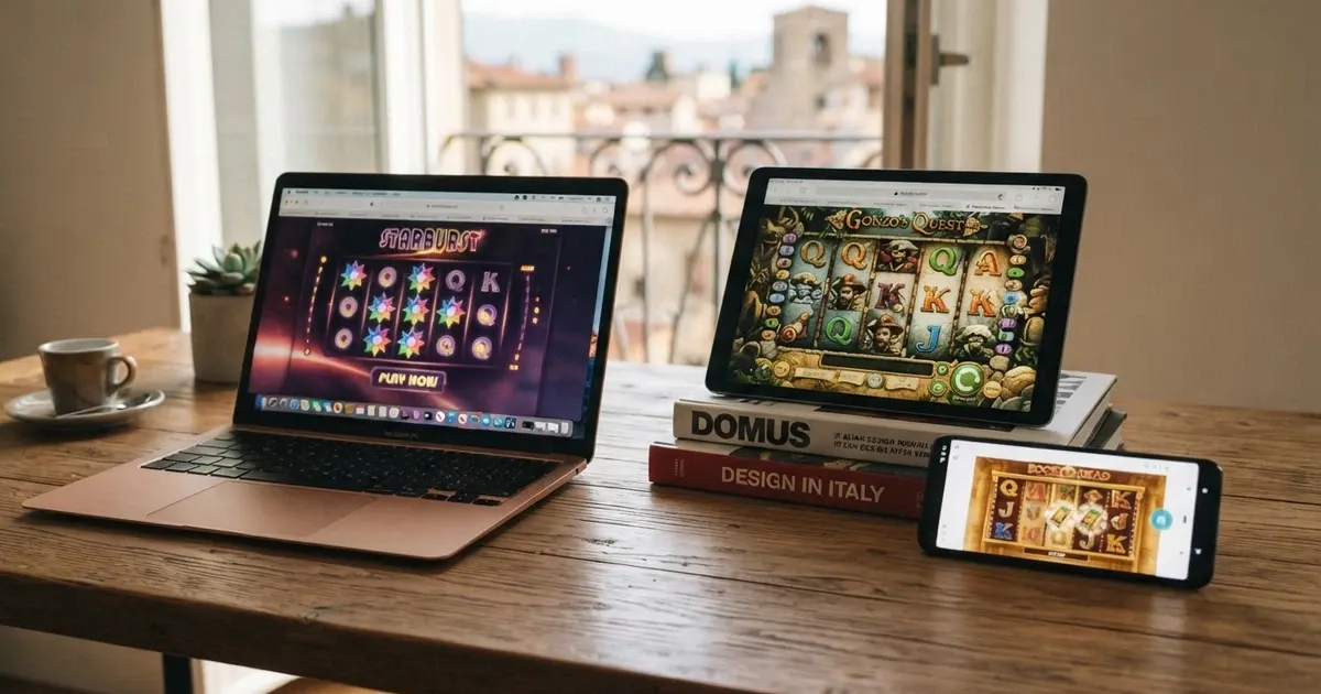 Uno schermo di computer, tablet e smartphone affiancati, ciascuno con una slot machine aperta nel browser senza app installate