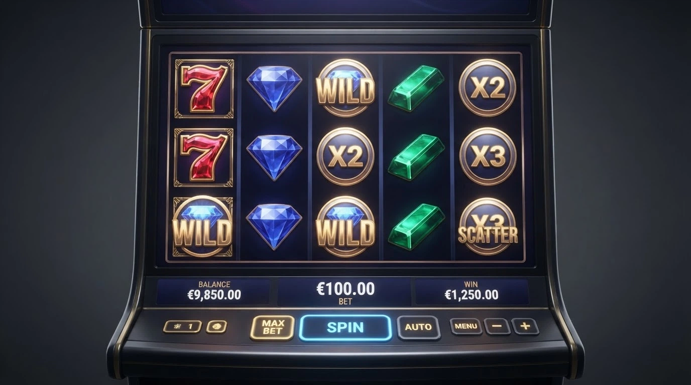 L'interfaccia di una slot machine online ad alta volatilità, con moltiplicatori e puntate elevate visibili sul display, su sfondo scuro da casinò.