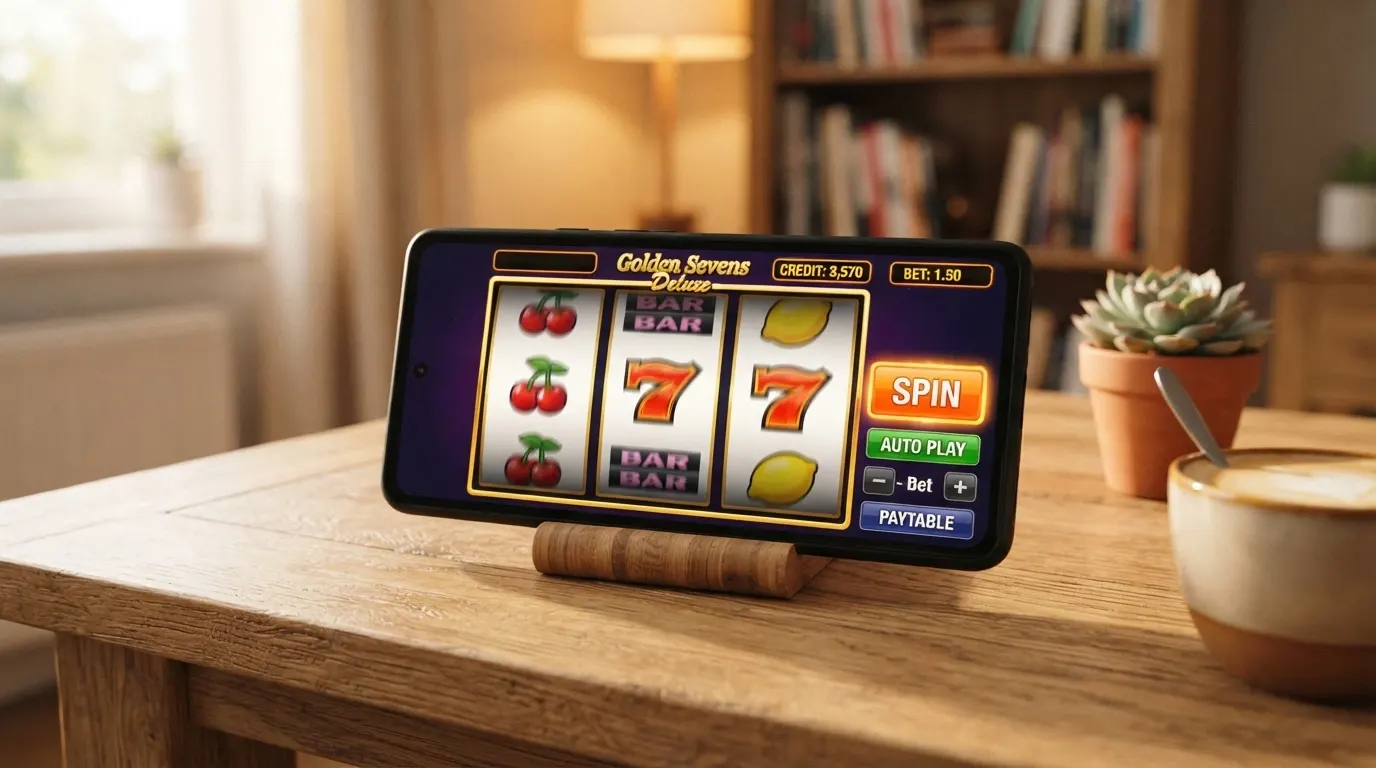 Uno smartphone in orizzontale che mostra una slot machine in esecuzione nel browser mobile, con le dita di un giocatore sullo schermo e l'interfaccia touch adattata