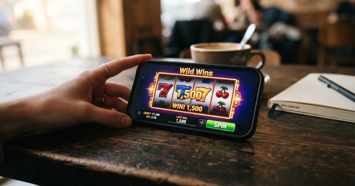 L'interfaccia di una slot machine online su schermo con rulli colorati, simboli allineati, il pannello della puntata e il pulsante per far girare i rulli