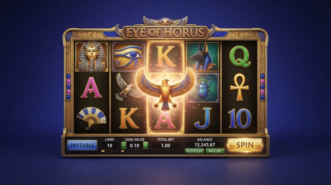 L'interfaccia della slot Eye of Horus di Merkur Gaming durante una sessione di gioco: cinque rulli con simboli egiziani, il pannello delle linee di pagamento e il contatore del saldo