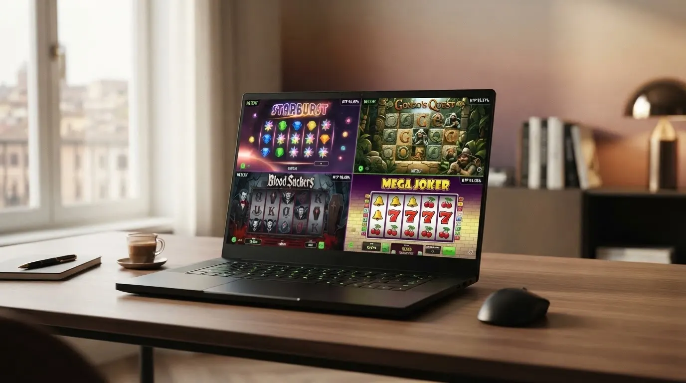 Una schermata affiancata di quattro slot NetEnt (Starburst, Gonzo's Quest, Blood Suckers, Mega Joker) con i rispettivi RTP in evidenza