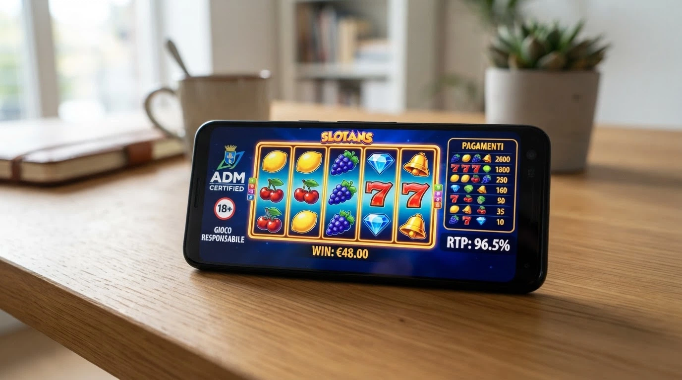 L'interfaccia di una slot machine online con cinque rulli, simboli colorati e la tabella dei pagamenti in primo piano