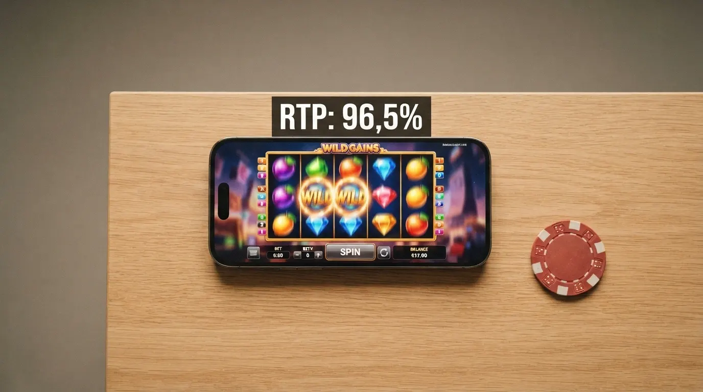 Una schermata di una slot online con la griglia di gioco, il moltiplicatore della vincita massima e il valore RTP in sovrimpressione