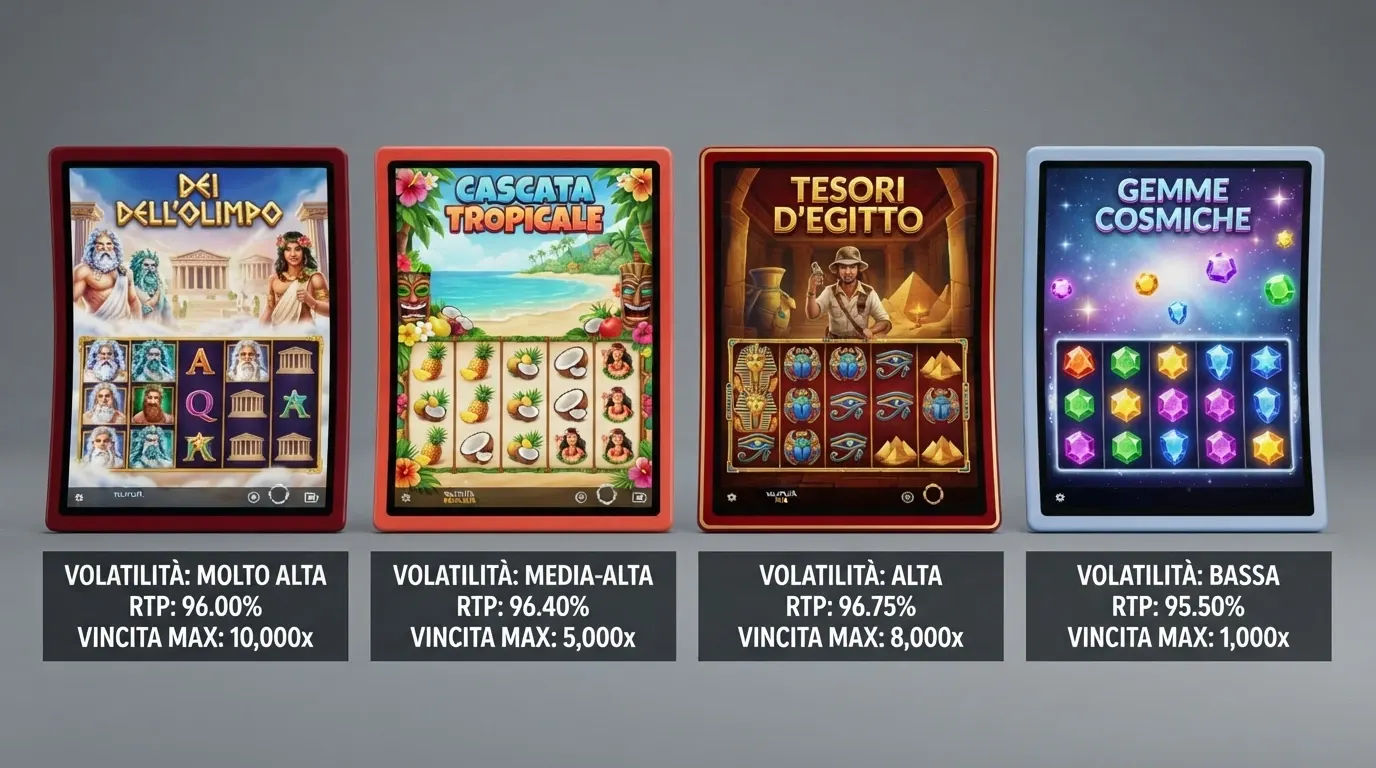Uno schema grafico che affianca quattro slot con i rispettivi valori di RTP, volatilità e vincita massima — ogni slot ha un colore diverso in base al profilo di rischio