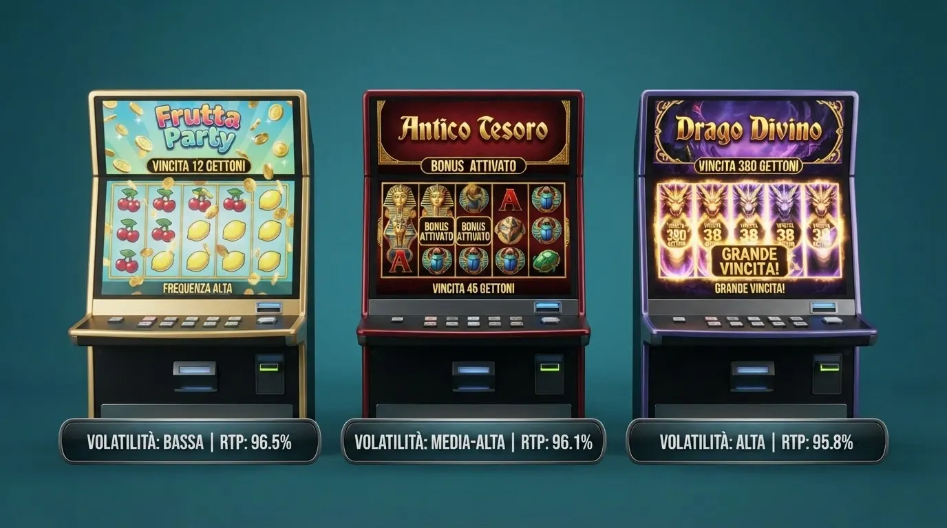 Una schermata comparativa stilizzata con tre slot machine affiancate, ciascuna con un indicatore di RTP e volatilità visivamente diverso