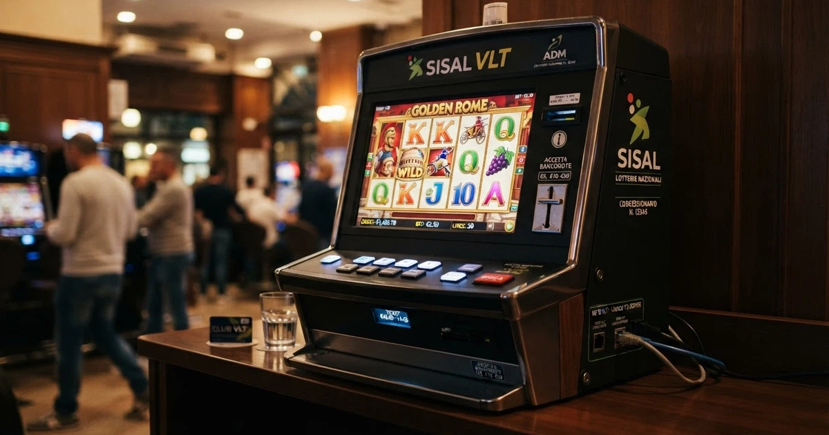 Un terminale Video Lottery acceso in una sala giochi italiana, con lo schermo che mostra i rulli di una slot VLT e la struttura del cabinet ben visibile