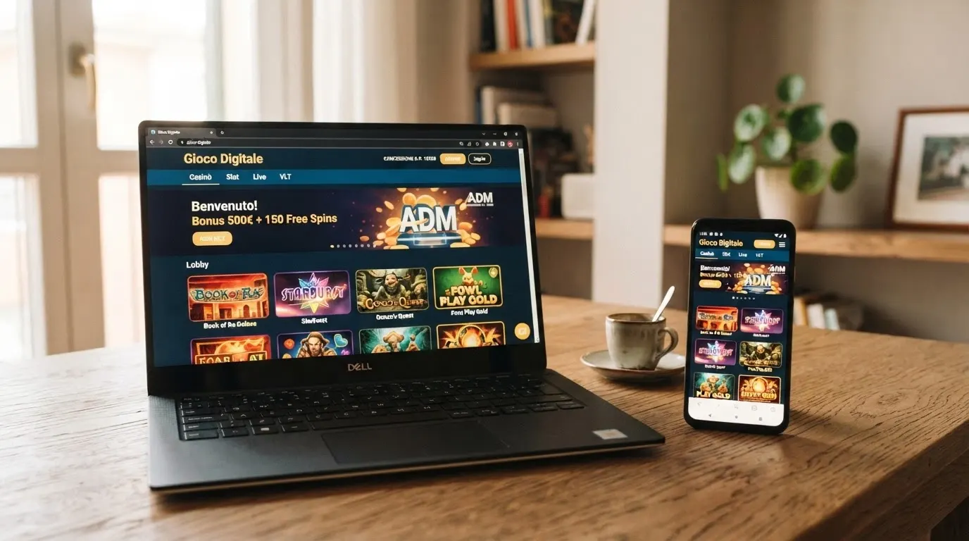 Un laptop aperto sulla pagina lobby di un casino online ADM con la sezione slot VLT in evidenza, affiancato allo schermo di uno smartphone con la stessa interfaccia