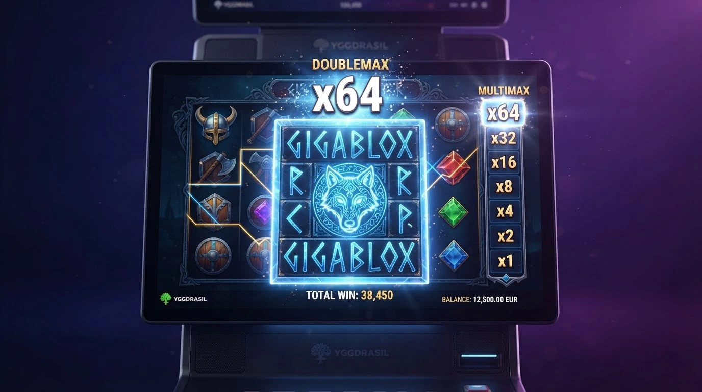 Una schermata di gioco di una slot Yggdrasil con una meccanica proprietaria attiva, come la griglia GigaBlox o il moltiplicatore DoubleMax