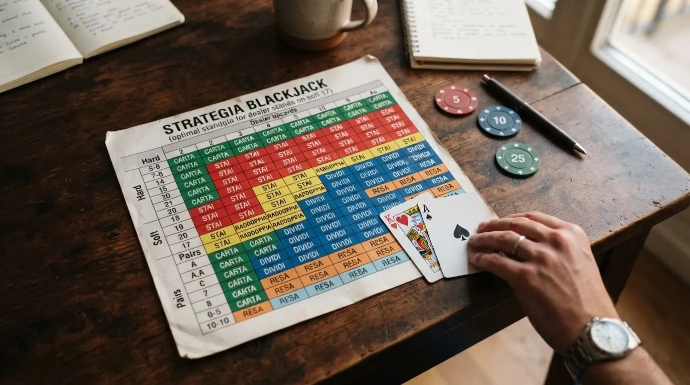 Tabella della strategia base del blackjack con le mani del giocatore sulle righe e la carta scoperta del banco sulle colonne, codificata a colori per azione (carta, stai, raddoppia, split, resa)