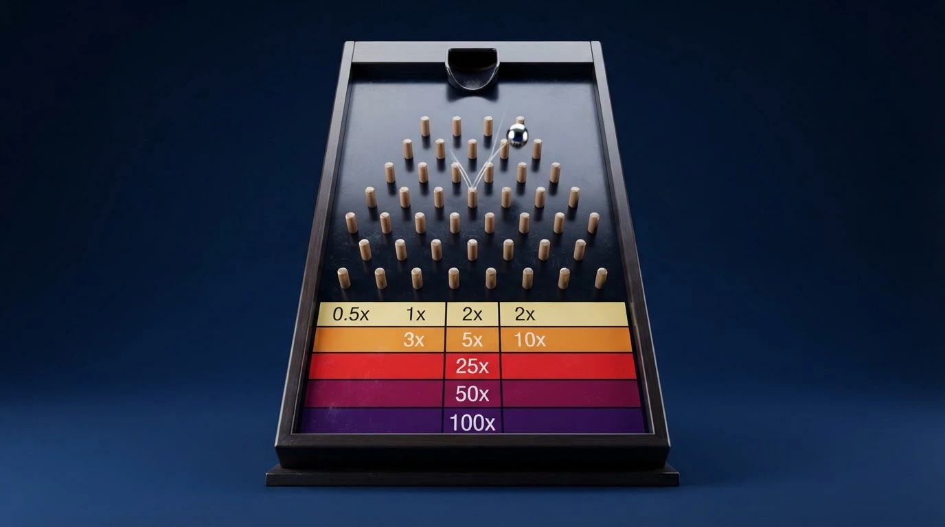 Schema del tabellone di Plinko con pioli disposti a piramide e fasce di moltiplicatore colorate nella parte inferiore