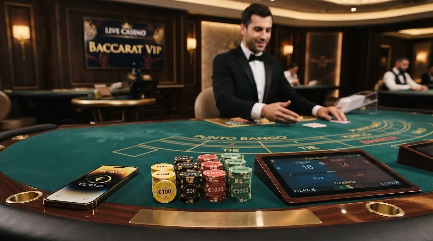 Un tavolo live dealer con croupier in smoking, primi piani sulle fiches di alto valore e sull'interfaccia di puntata
