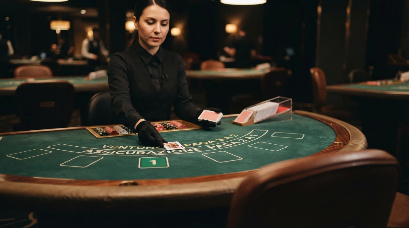 Primo piano di un croupier che distribuisce carte a un tavolo di blackjack live in uno studio professionale