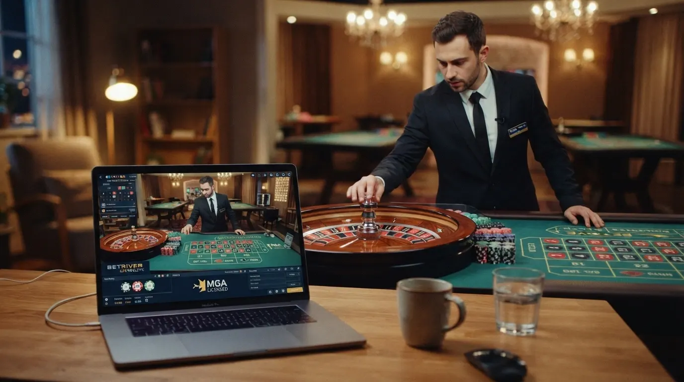 Tavolo da roulette con croupier dal vivo inquadrato in primo piano, interfaccia di gioco su schermo con puntate piazzate e cronologia dei numeri