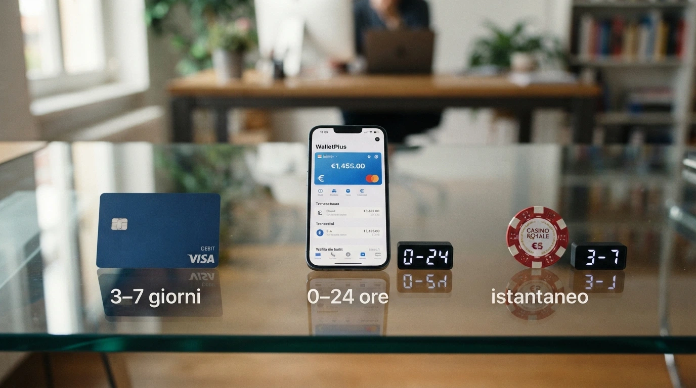 Un'infografica che confronta i tempi di accredito di un prelievo con Visa (3–7 giorni lavorativi), e-wallet (0–24 ore) e criptovalute (istantaneo) presso un casinò non AAMS