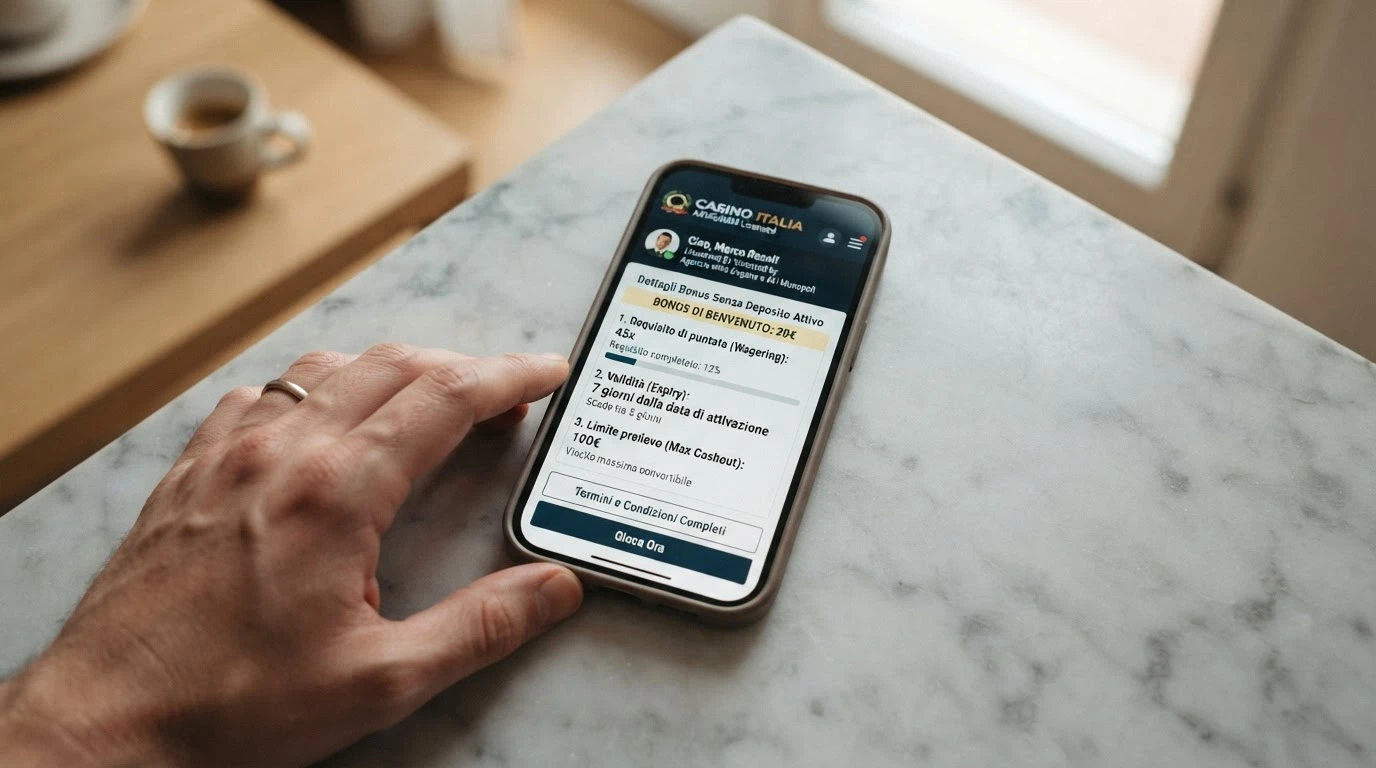 Un primo piano di un telefono con l’area personale di un casinò ADM, dove sono visibili le voci requisito di puntata, validità e limite prelievo