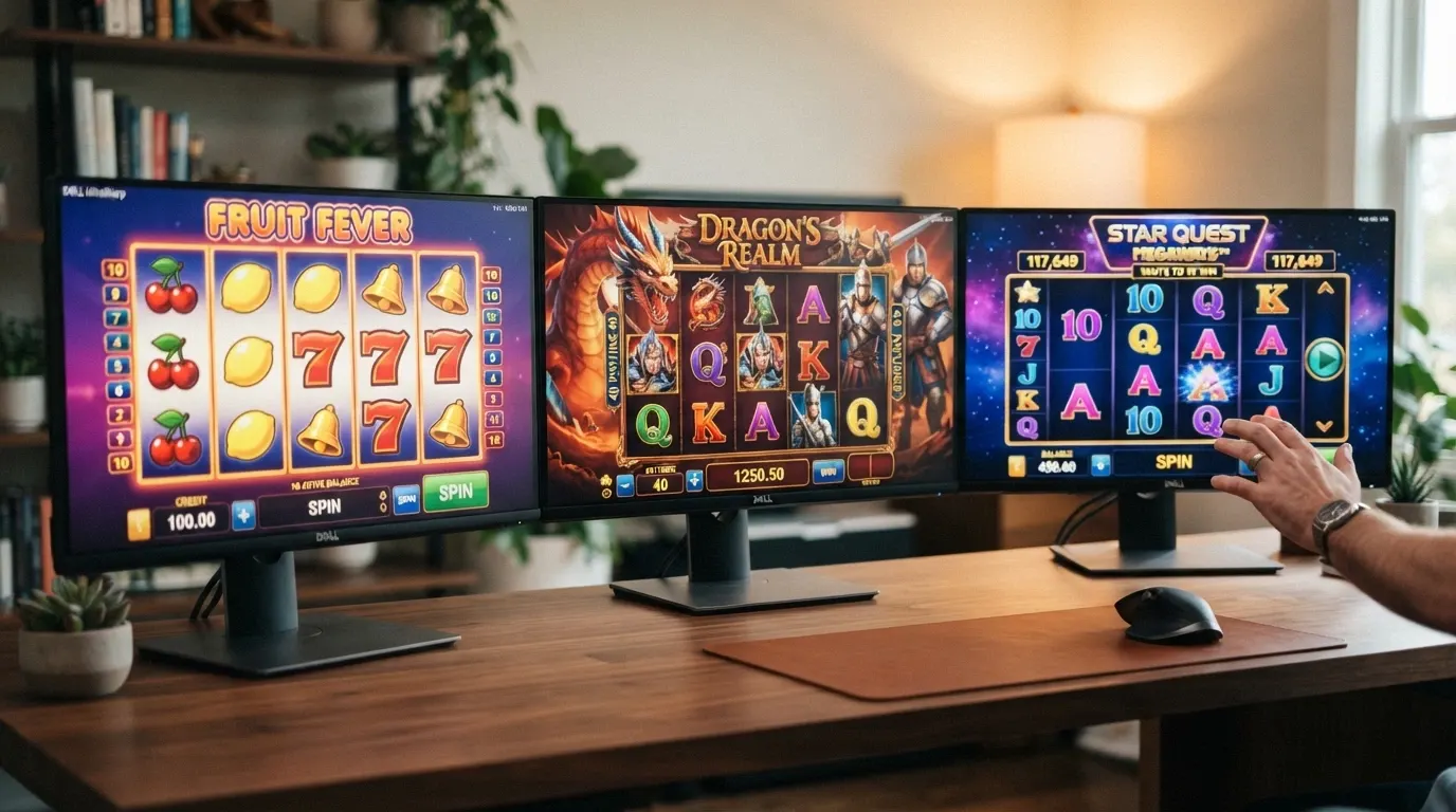Tre schermate di slot machine affiancate: una slot video classica a 5 rulli, una slot 3D con personaggi animati e una slot con meccanica Megaways a rulli variabili