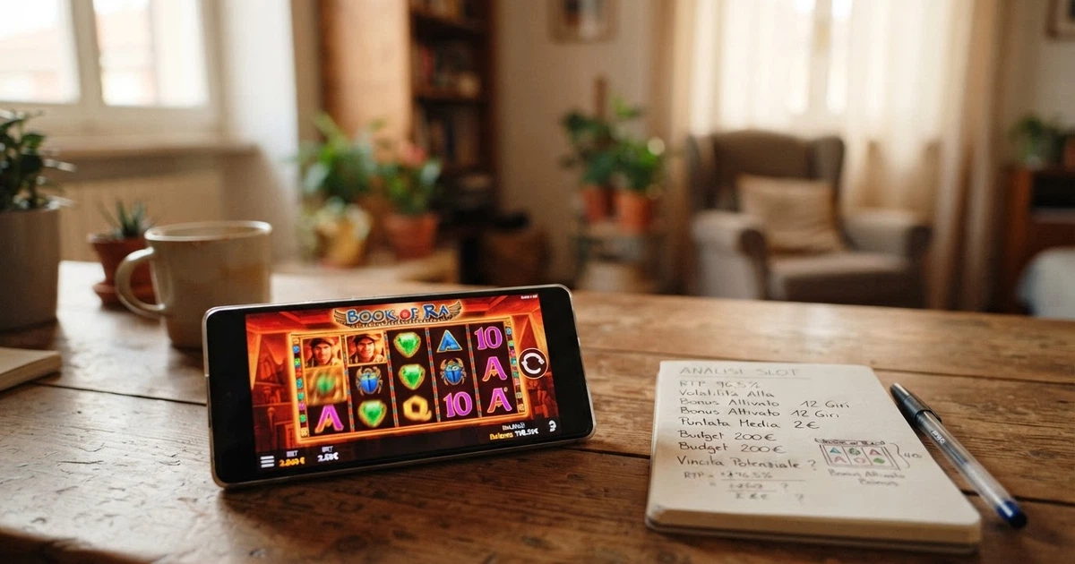 Un primo piano di una slot machine online con i rulli in movimento su uno schermo, accanto a un blocco note con appunti su RTP, volatilità e bankroll — luce calda, ambiente domestico