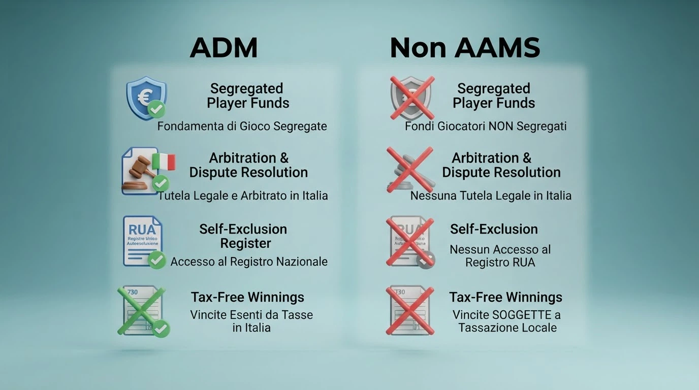 Schema grafico a due colonne: a sinistra le tutele ADM (fondi segregati, RUA, arbitrato, vincite esentasse), a destra l'assenza di protezioni nei casinò non AAMS con icone barrate