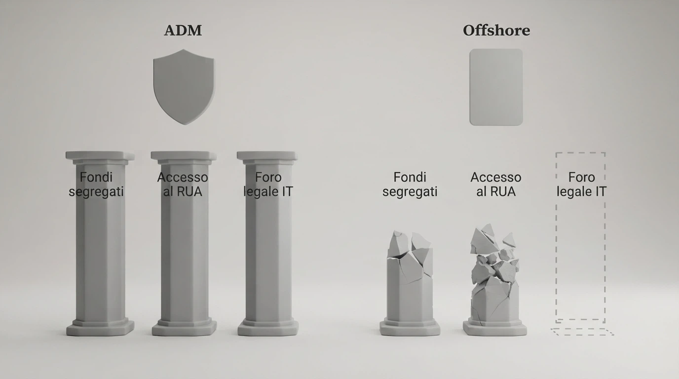 Infografica che mette a confronto le protezioni di un operatore con concessione ADM e uno senza: segregazione fondi, accesso al RUA, limiti di deposito e foro legale