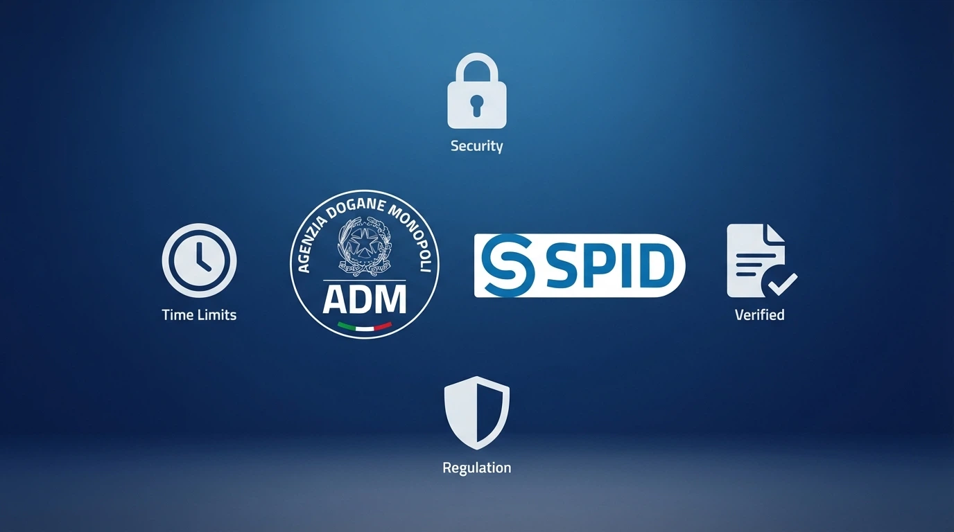 Il logo ufficiale dell'Agenzia delle Dogane e dei Monopoli accanto al simbolo dello SPID, con icone che rappresentano le tutele del giocatore: un lucchetto, uno scudo, un orologio per i limiti di tempo e un documento per l'identità verificata.