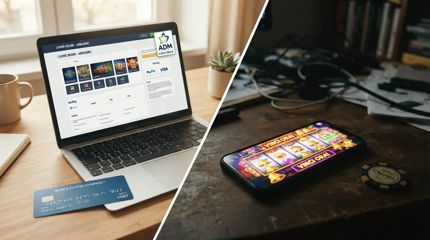 Un diagramma che contrappone le protezioni del sistema ADM (RUA, limiti di deposito, zero tasse, ricorso legale) all'assenza di tutele su un sito estero senza licenza