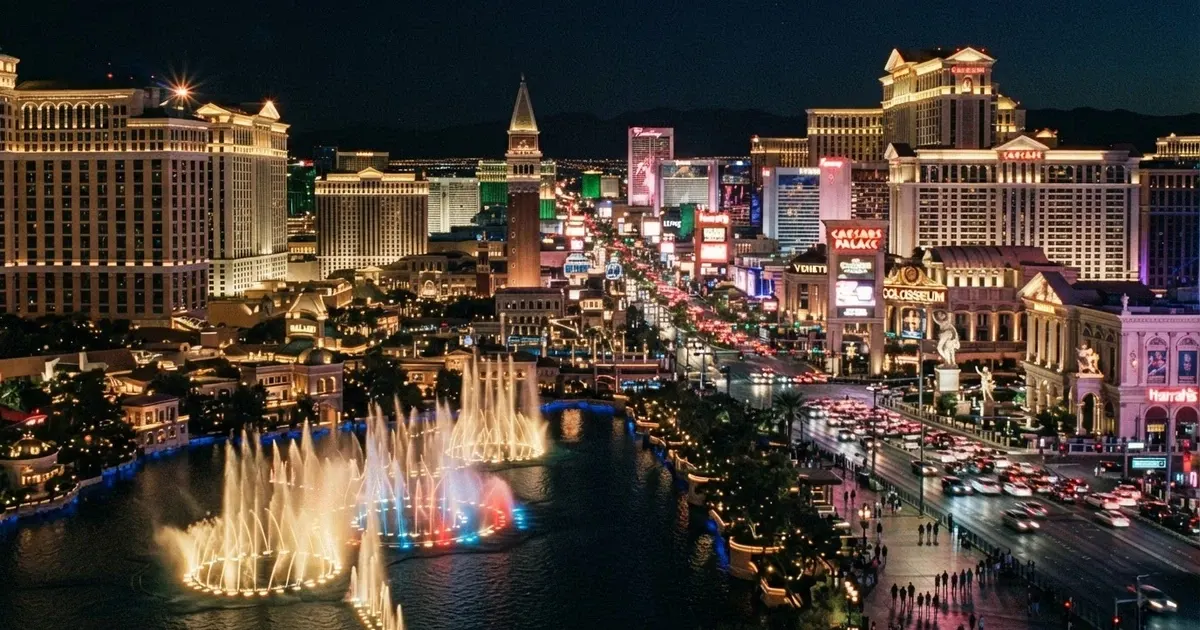 La Strip di Las Vegas di notte con le luci dei casinò, gli hotel e i resort che si estendono lungo Las Vegas Boulevard