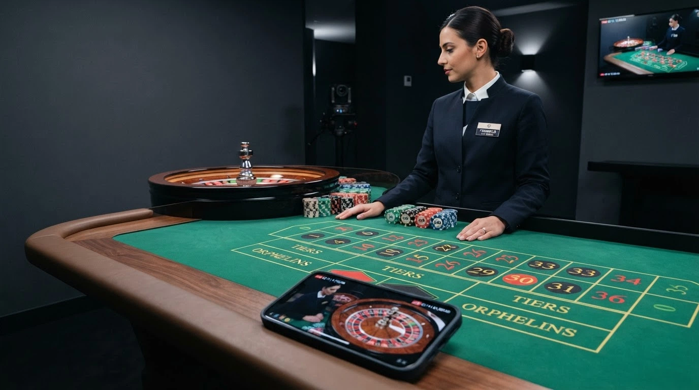 Tavolo da gioco dal vivo con dealer in uniforme, interfaccia di puntata su schermo e logo Vabanq visibile