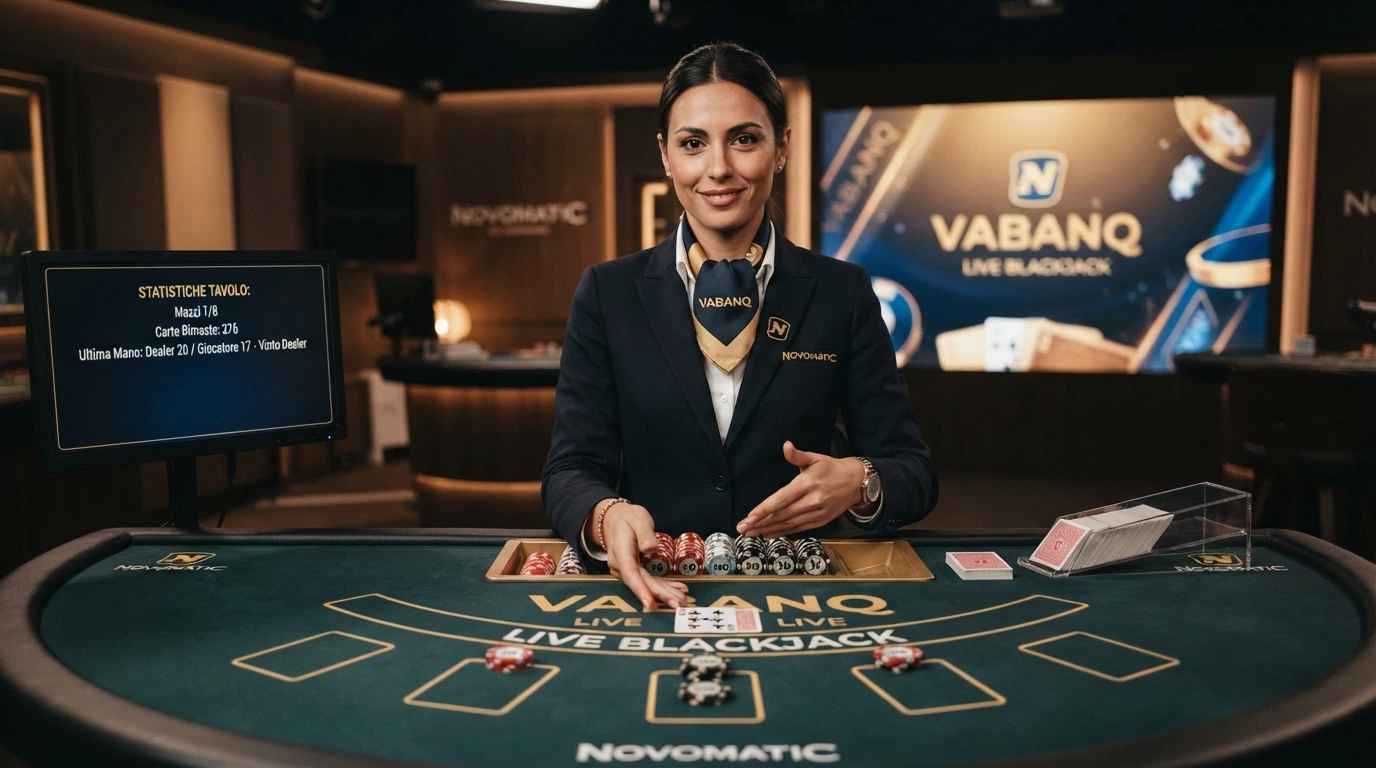 Un tavolo da gioco dal vivo con croupier in uniforme, inquadratura frontale del piano di puntata, schermo con statistiche laterali
