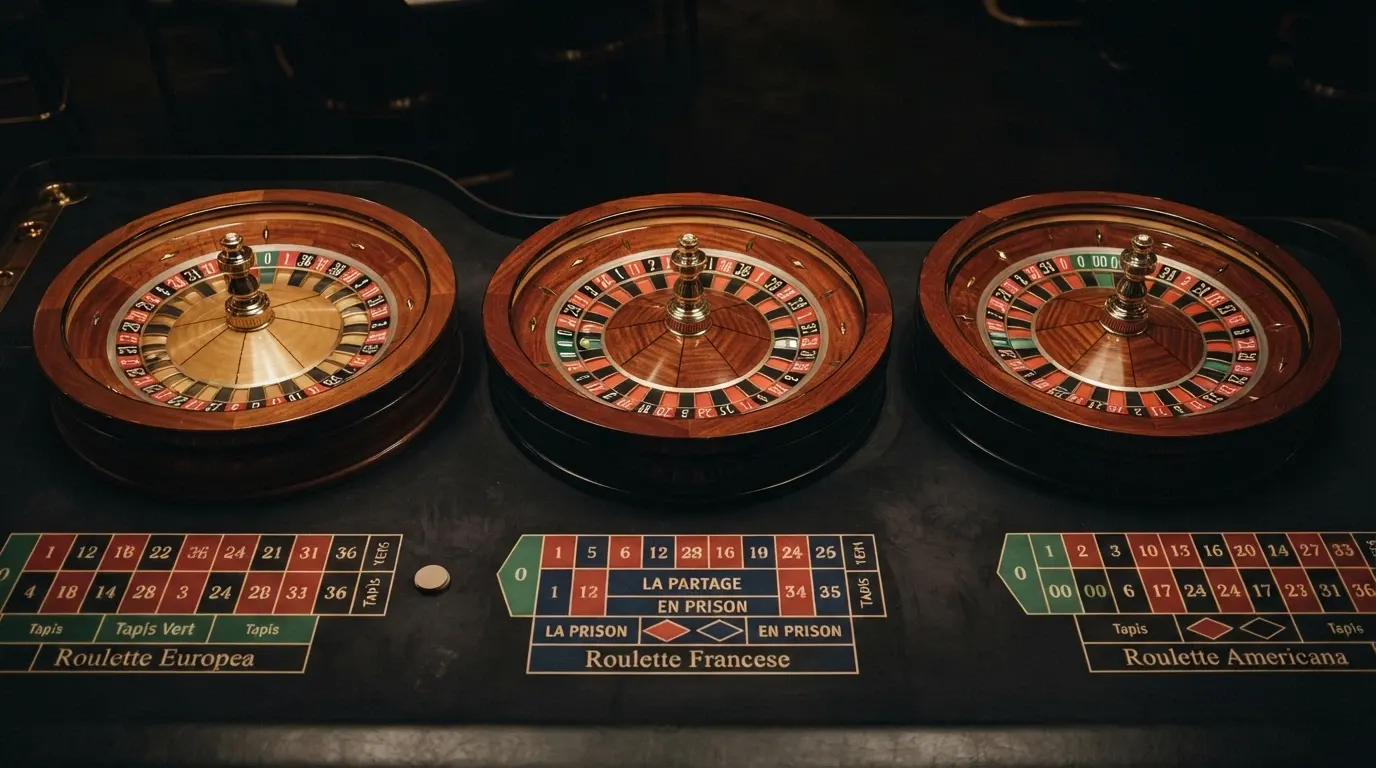 Tre ruote della roulette affiancate — europea, francese e americana — con le differenze negli zeri evidenziate