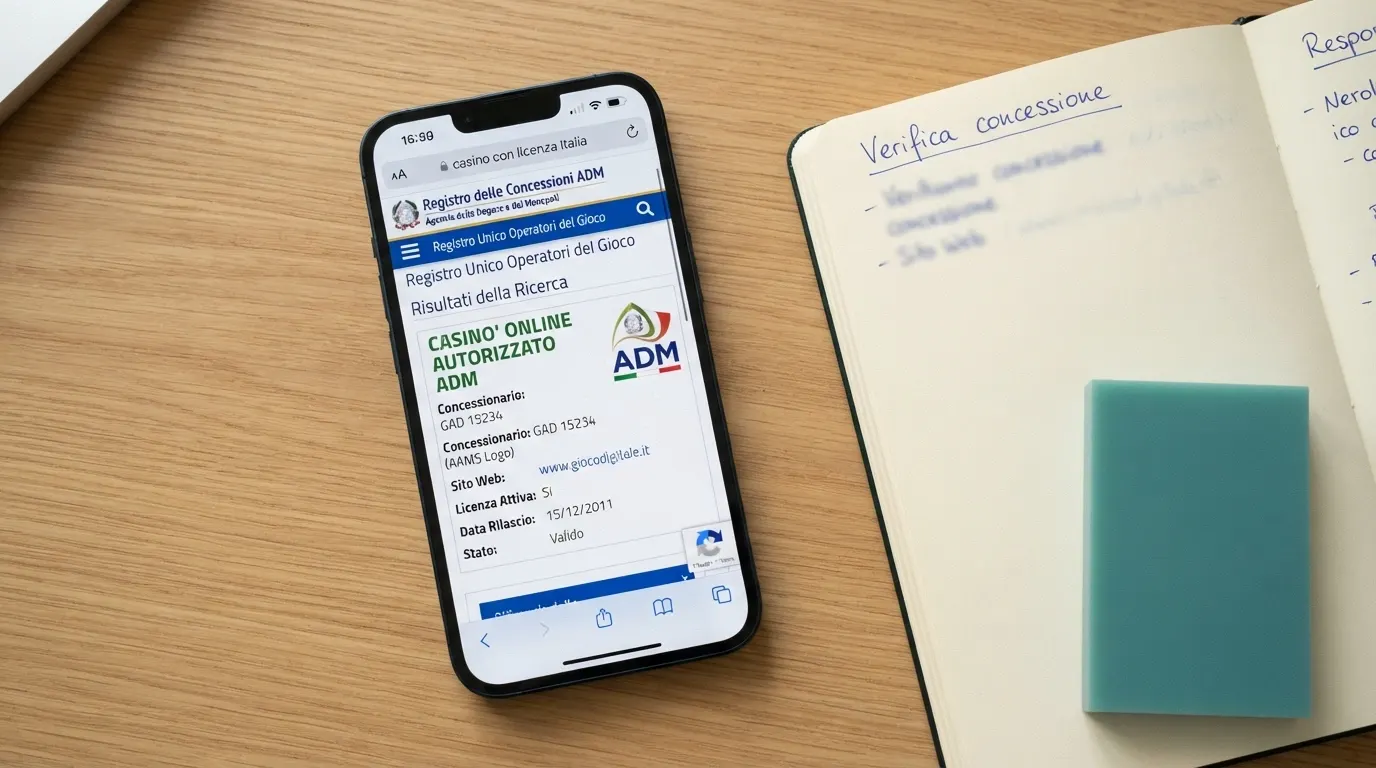 Schermata del portale ADM.gov.it con il registro ufficiale delle concessioni per il gioco a distanza e un riquadro di ricerca attivo