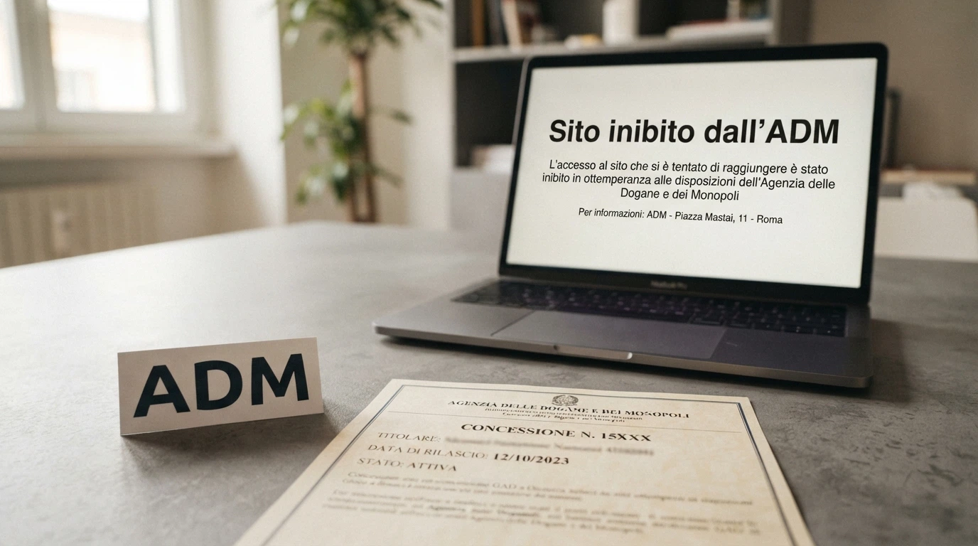 Il logo ufficiale dell'Agenzia delle Dogane e dei Monopoli accanto a una licenza di concessione e allo schermo di un sito bloccato con il messaggio «Sito inibito dall'ADM».