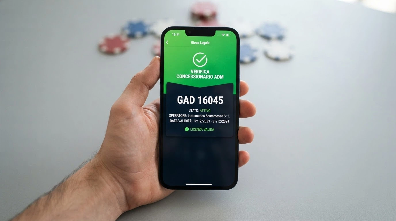 Primo piano di un iPhone con l'app Gioco Legale di ADM aperta sulla schermata di verifica di una concessione, con il codice GAD in evidenza