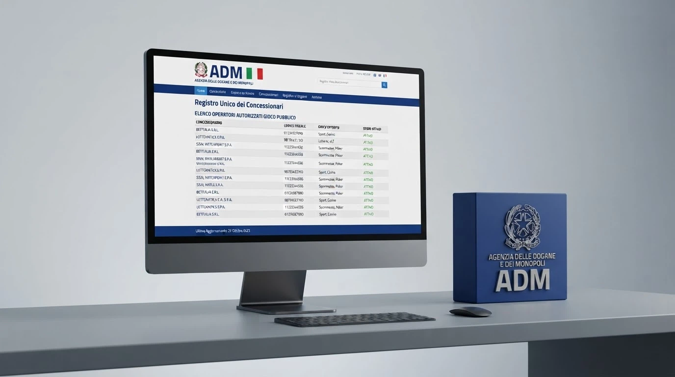 Il logo dell'Agenzia delle Dogane e dei Monopoli accanto alla scritta «Concessionario autorizzato» su un monitor, con il registro pubblico ADM aperto in una finestra del browser