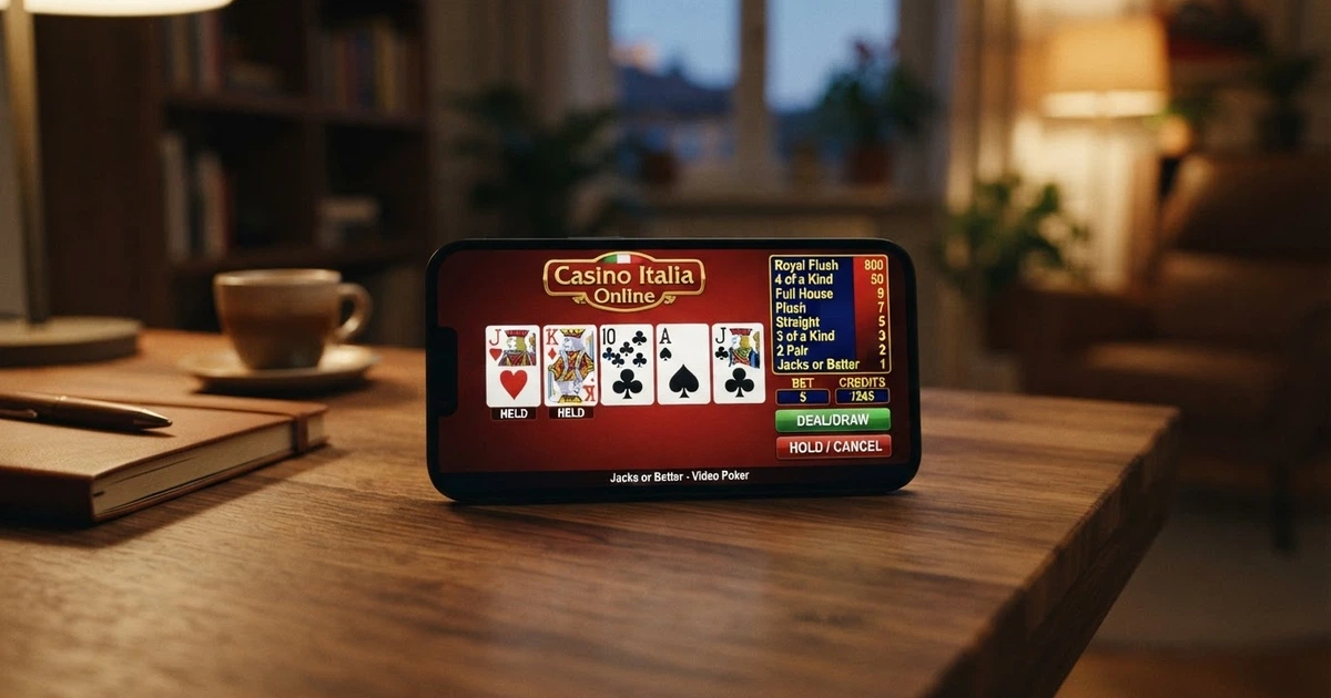 Una schermata di video poker online con una mano di Jacks or Better in primo piano, cinque carte scoperte sul tavolo virtuale e la tabella dei pagamenti visibile a lato