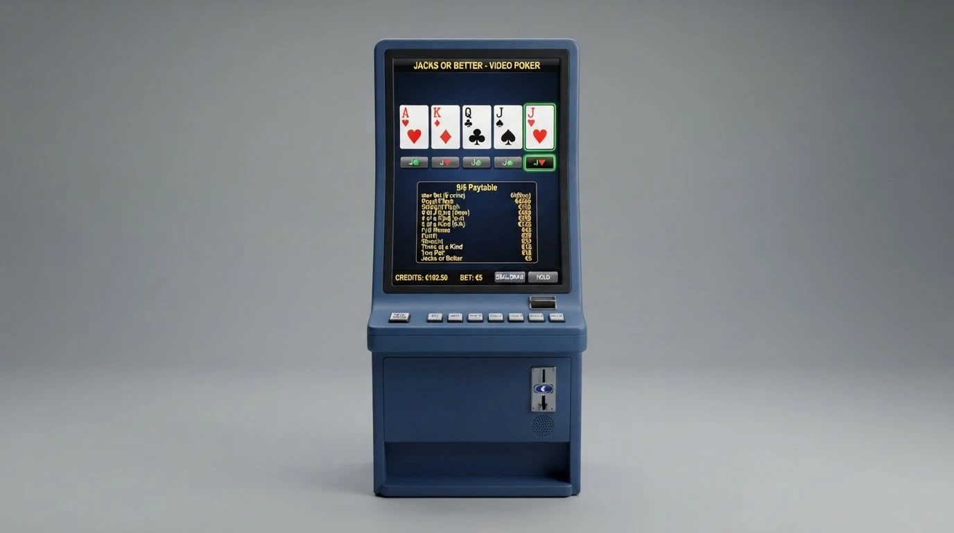 La schermata di una macchina video poker digitale con la mano Jacks or Better in primo piano, i comandi di puntata e la tabella dei pagamenti visibile.