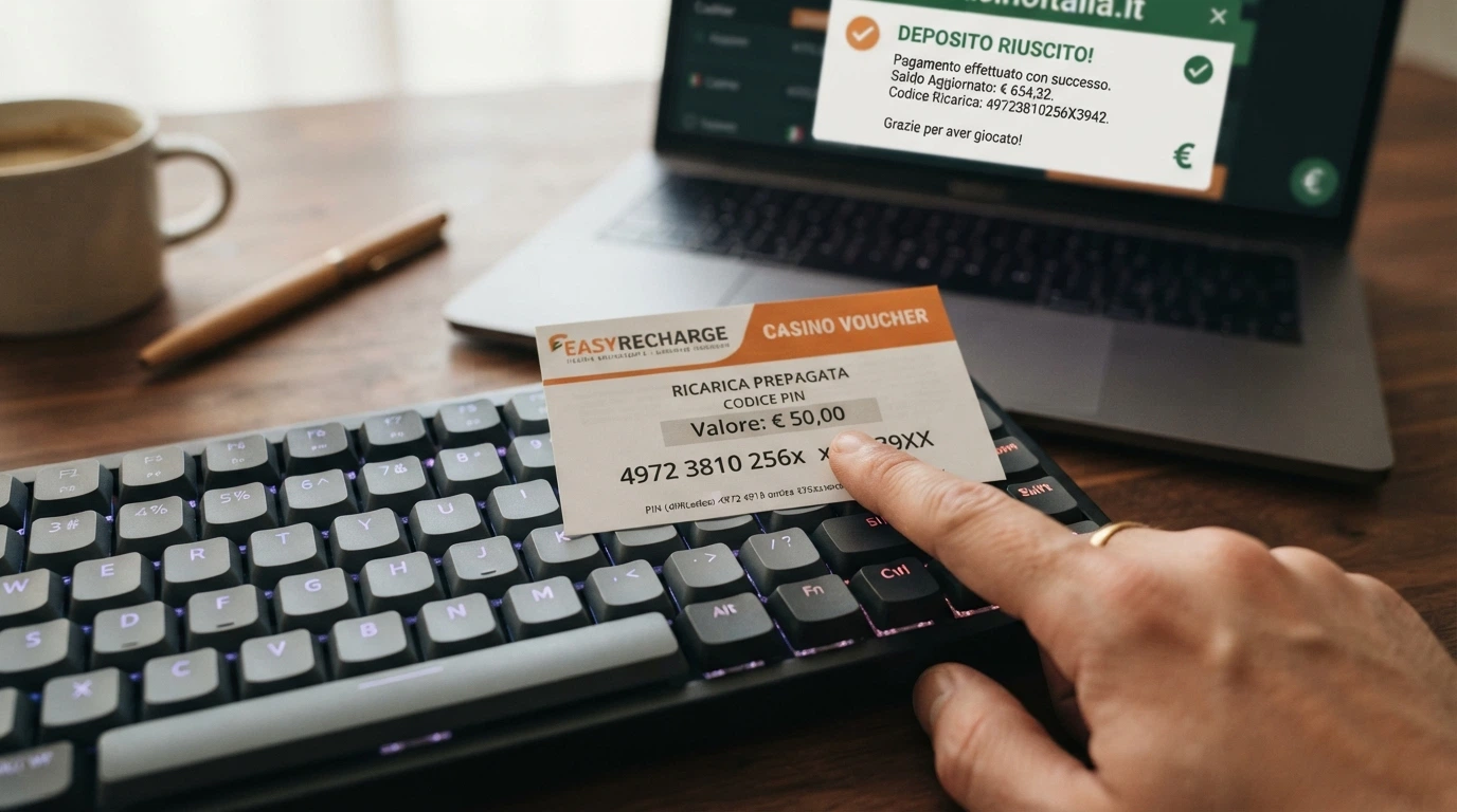 Un voucher Paysafecard con il PIN a 16 cifre parzialmente oscurato, posato su una tastiera, con lo schermo di un casinò sullo sfondo