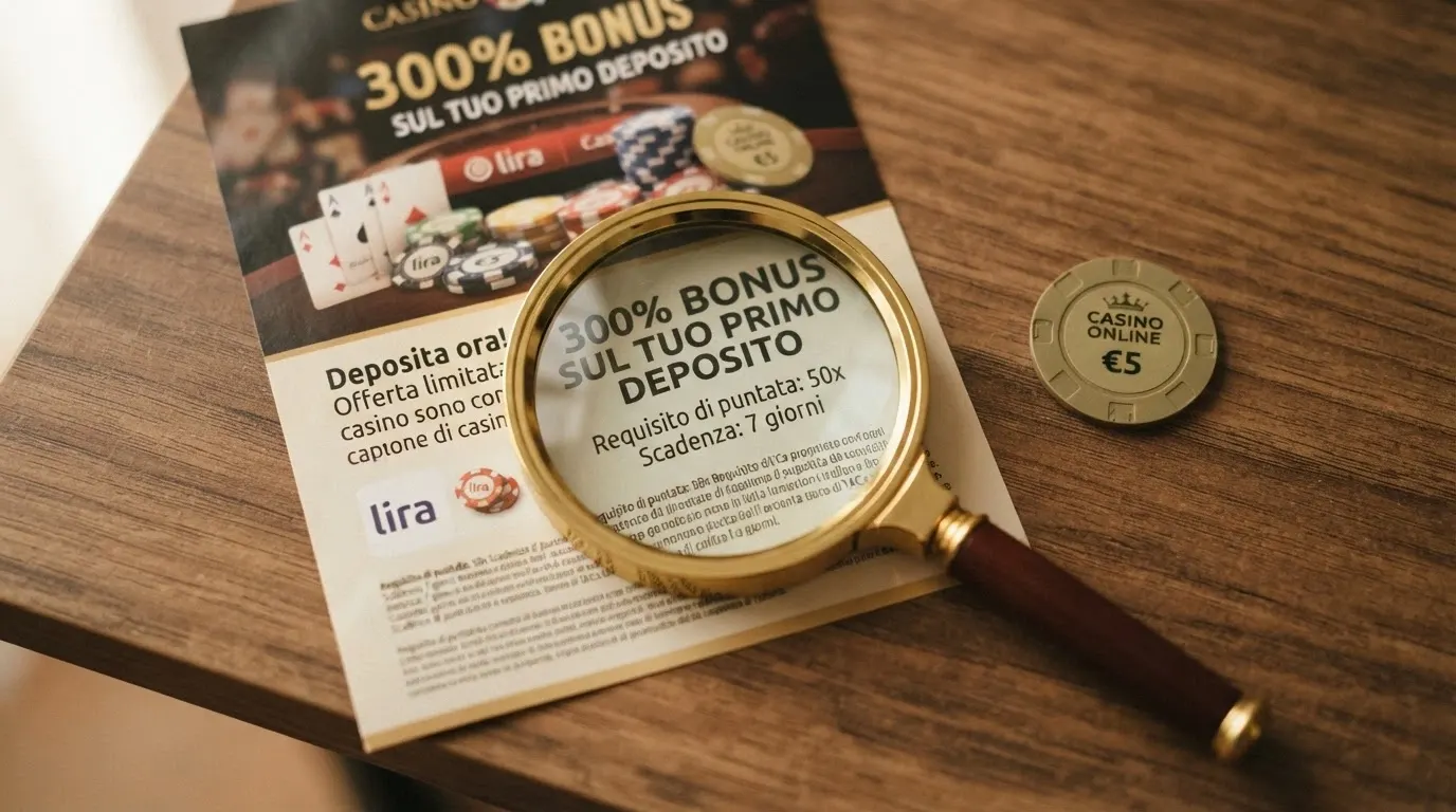 Una lente di ingrandimento posata su un banner promozionale «300% bonus» che rivela in caratteri piccoli i termini di puntata, la scadenza e il limite di prelievo nascosti sotto la superficie.